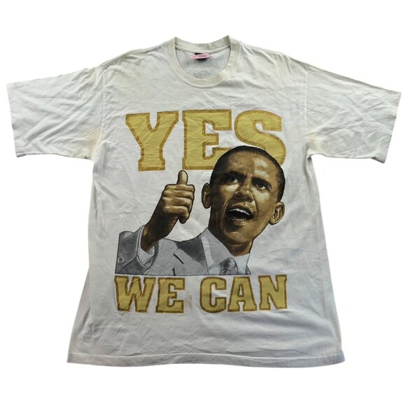 Obama Yes We Can T-Shirt Mens XL Broadway White Graphic Tee Vintage Patriotic - Picture 1 of 13